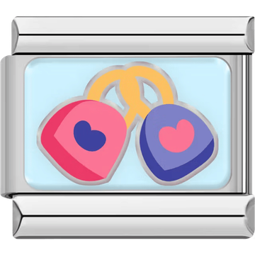 A silver Italian charm featuring two interlocked love padlocks, one pink and one blue.
